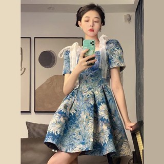Đầm hoa xanh nơ vai diện đi làm đi tiệc đều đẹp 💖 kèm ảnh thật