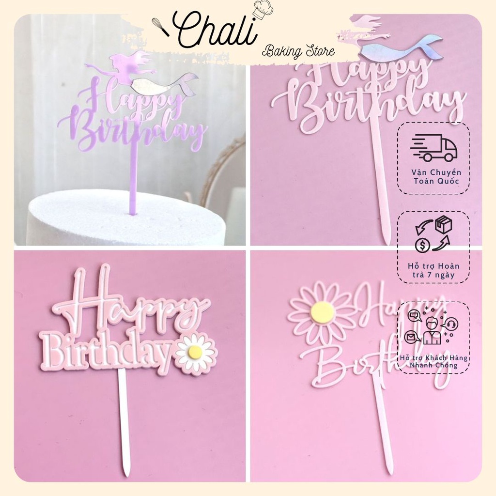 Phụ Kiện Trang Trí Bánh kem ,Bánh Sinh Nhật - Que cắm Happy Birthday Màu Hồng