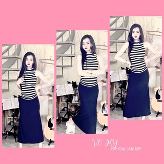 set cổ lọ sọc phối chân váy đuôi cá