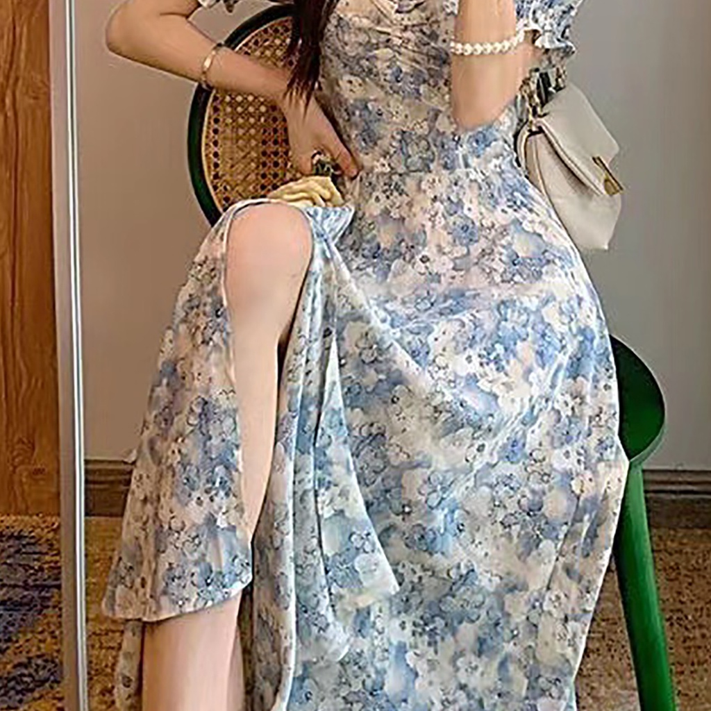 Frontline Đầm Ôm Họa Tiết Hoa Nữ Tay Ngắn Dài Thiết Kế Xẻ Bên Cho Mùa Hè