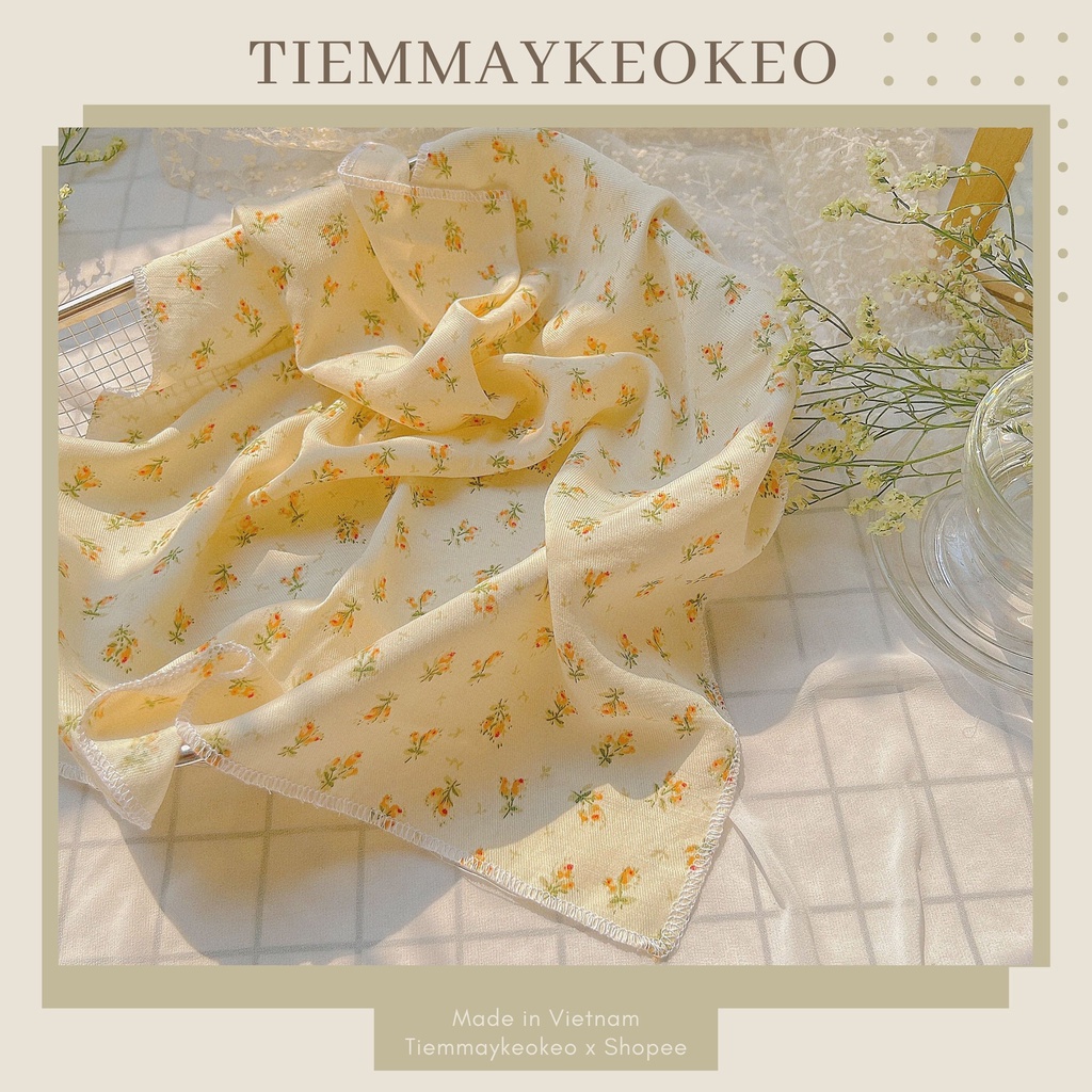 Khăn vải bandana TIEMMAYKEOKEO kích thước 50x50cm vải mềm hoạ tiết hoa hoa nhí tone nâu be ong thời trang nữ