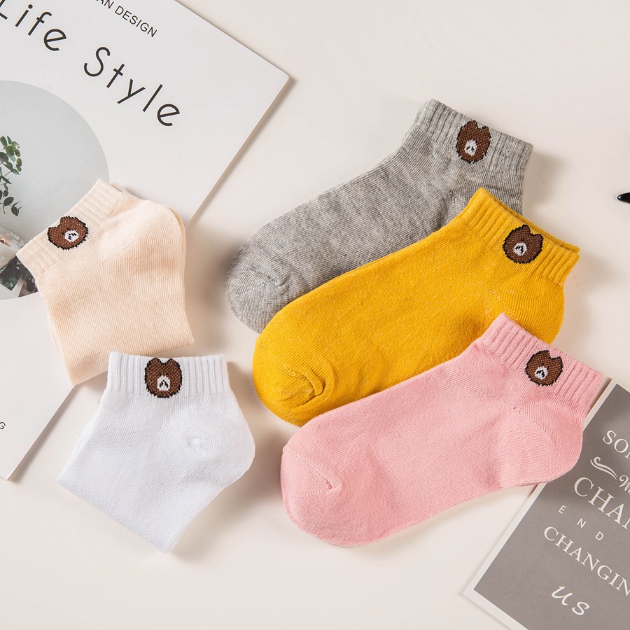 Sét 05 đôi tất gấu vớ nữ cổ ngắn họa tiết dễ thương cute nhiều màu chất liệu cotton phong cách Hàn Quốc