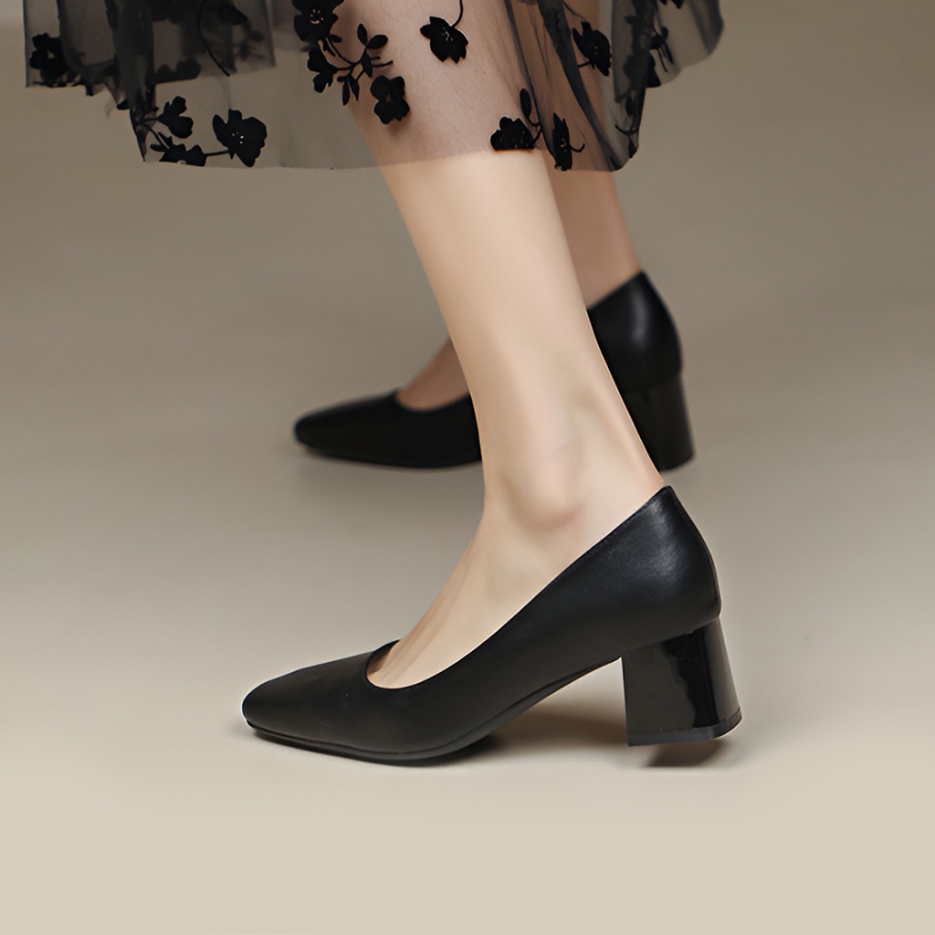Giày cao gót đế vuông basic, giày cao gót mũi vuông thanh lịch cao 5cm_AA0388