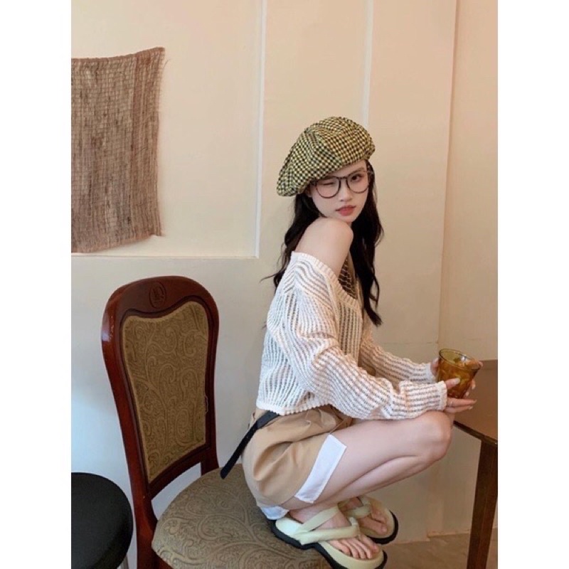 (Hàng QC) Set áo len lưới dệt kim dày tay mỏng nhẹ xuyên thấu cổ V | BigBuy360 - bigbuy360.vn