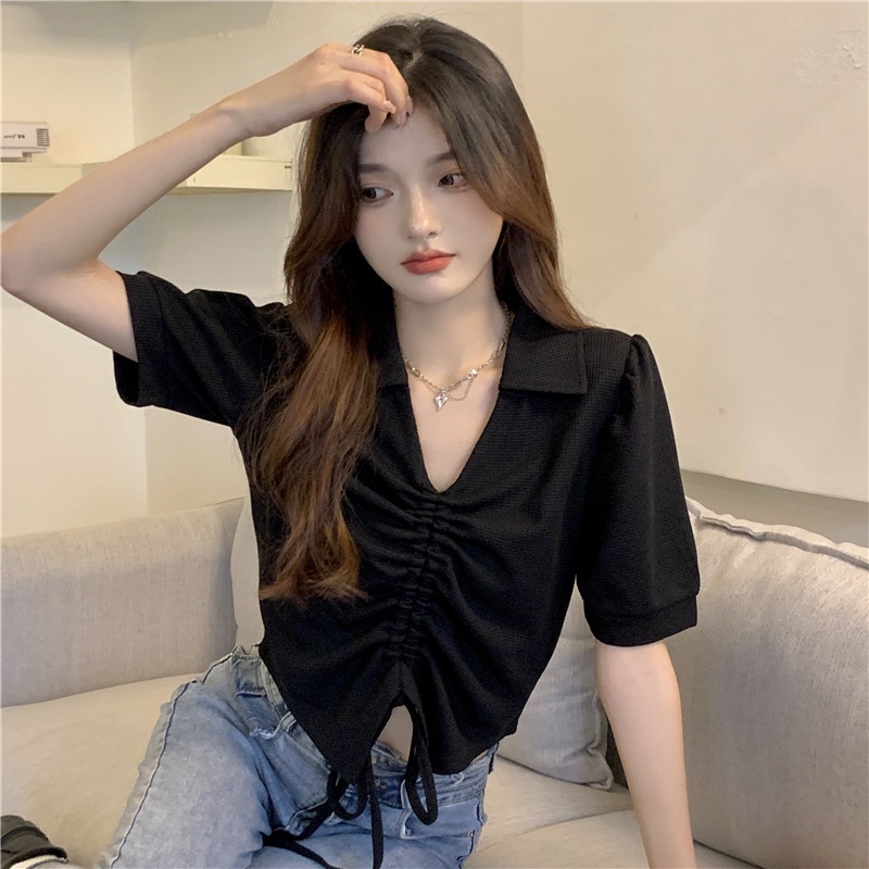 QADCOL  Áo Thun Tay Ngắn Cổ polo Màu Trắng Thời Trang Mùa Hè Cho Nữ