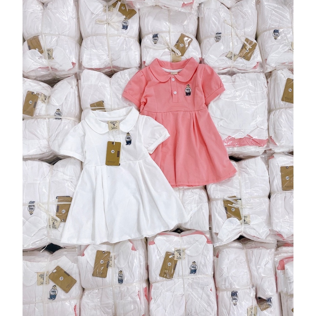 BÁN SỈ SET 2 VÁY BÉ GÁI CỔ SEN TRẮNG HỒNG THÊU GẤU