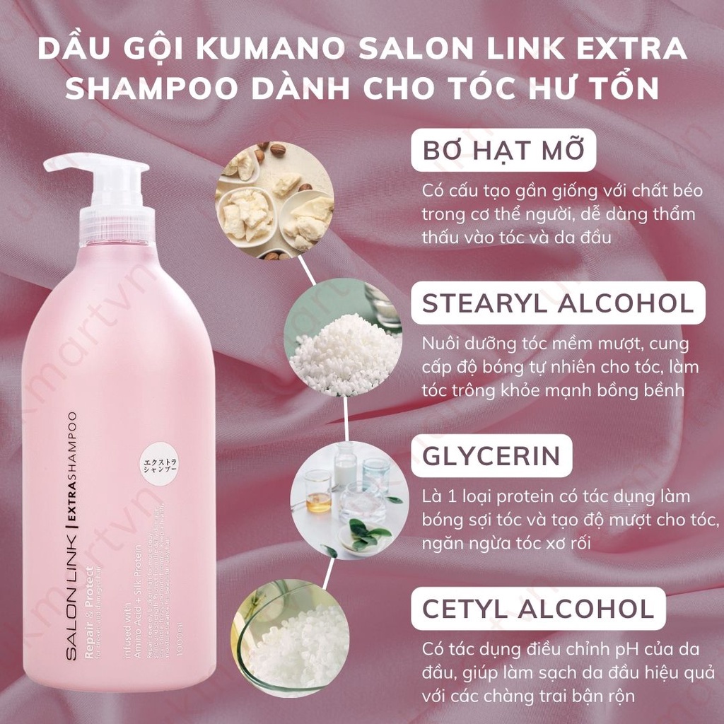 Bộ dầu gội xả Kumano Salon Link Extra 1000ml Nhật Bản cung cấp dưỡng chất giúp tóc mềm mượt