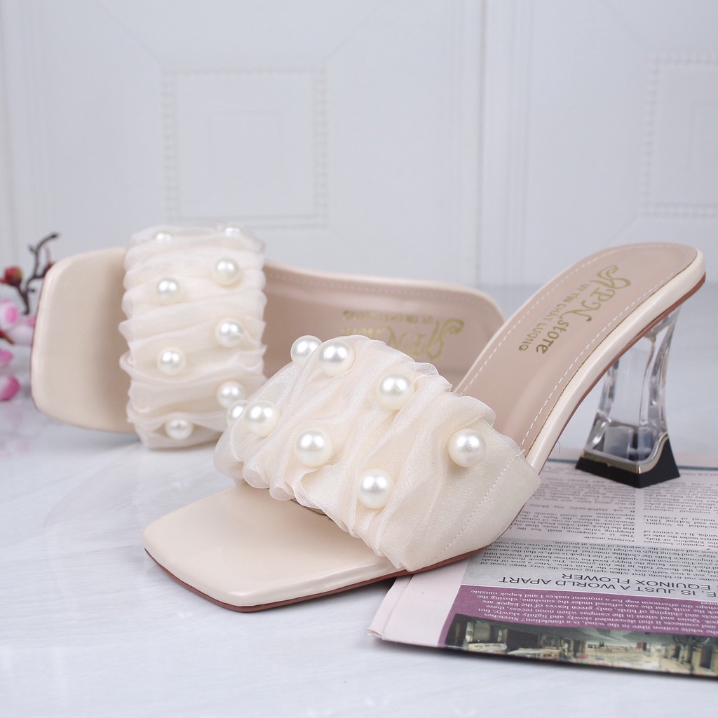 Guốc cao gót vuông trong 7p quai bản nhún ren kết hạt châu lớn G21