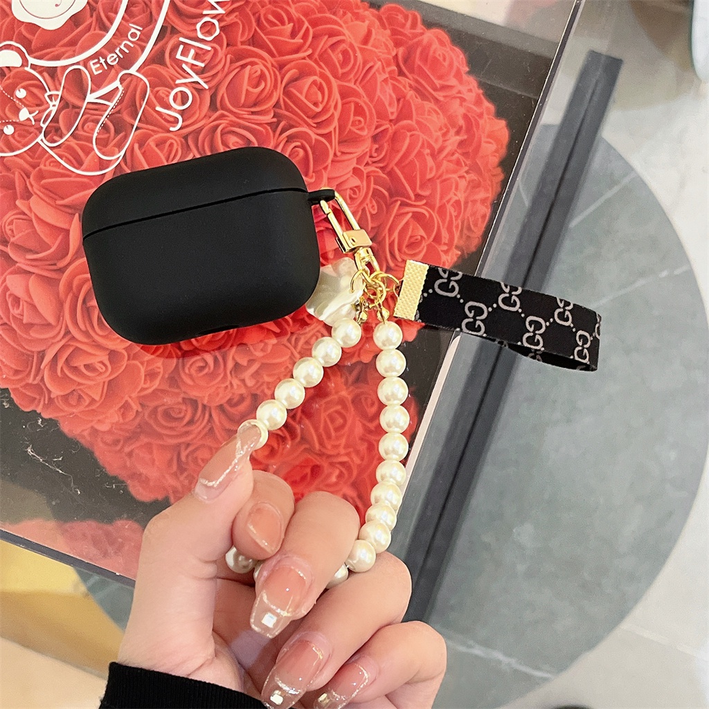 Vỏ Bảo Vệ Hộp Sạc Tai Nghe AirPods pro 2 pro 1 / 2 3 Hình Nơ Đính Ngọc Trai Đen Dễ Thương