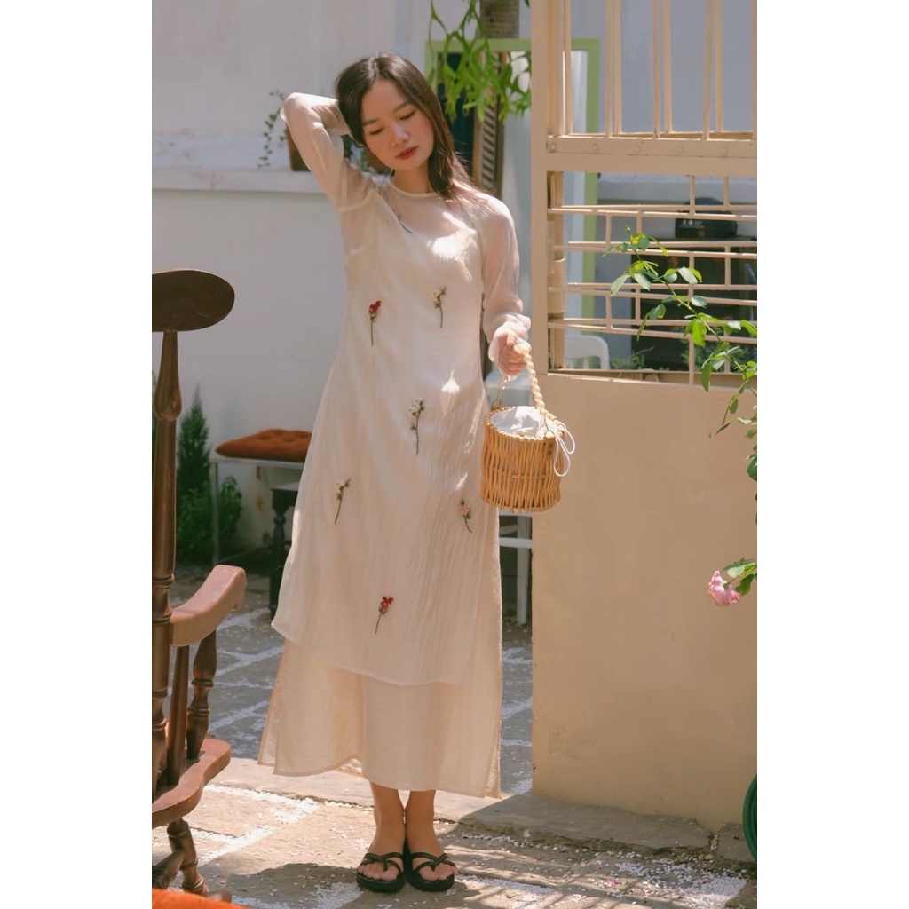 Cỏ lau - Set đầm áo dài Yên Lam kem