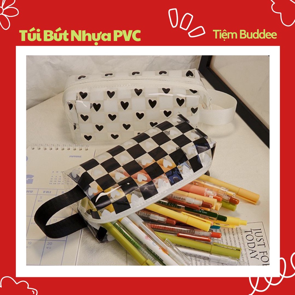 Túi Đựng Bút Chất Liệu PVC Trong Suốt Hoạ Tiết Caro Nhiều Hình Dễ Thương, Sức Chứa Lớn