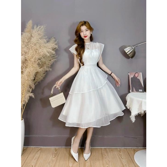 Đầm voan cổ tròn dáng xòe bèo hai lớp xinh xắn đáng yêu cho nàng diện đi tiệc [916]