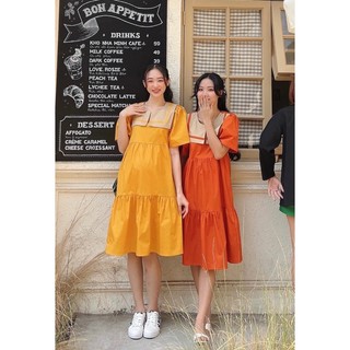 Đầm babydoll tay bồng ba tầng đuôi cá - Váy bầu công sở thanh lịch cổ viền dáng dài dạo phố xinh xắn