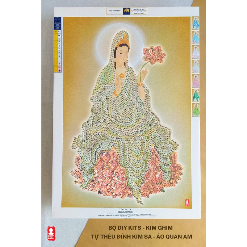 DIY Bộ Tự Đính Kim Sa - Áo Trắng Ngọc - Quan Âm Toạ Sen- 50x30cm - QAC1GBA7