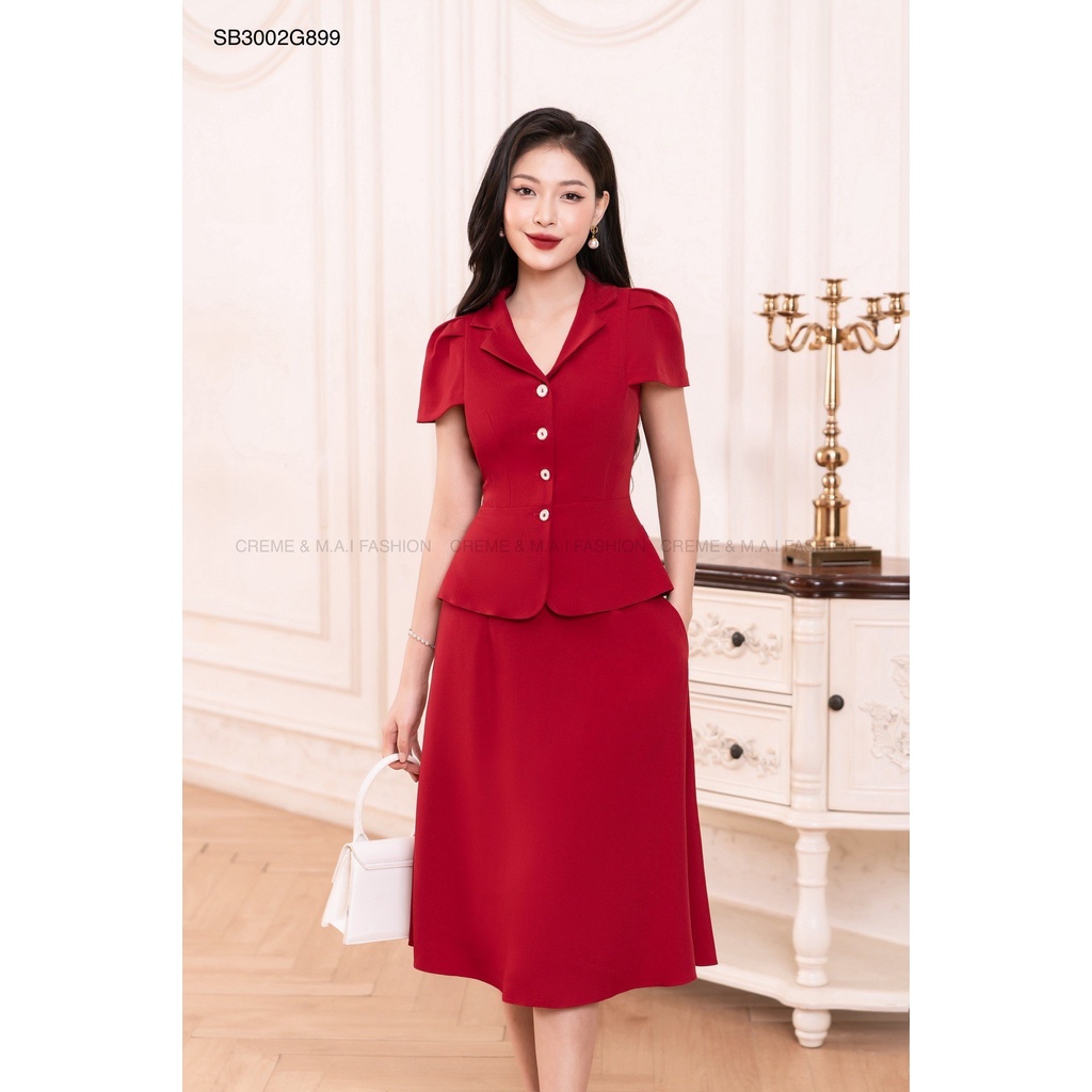 SET BỘ KÍ GIẢ CÔNG SỞ CỔ VEST TAY NGẮN DÁNG XÒE THIẾT KẾ CREME SB3002 | BigBuy360 - bigbuy360.vn