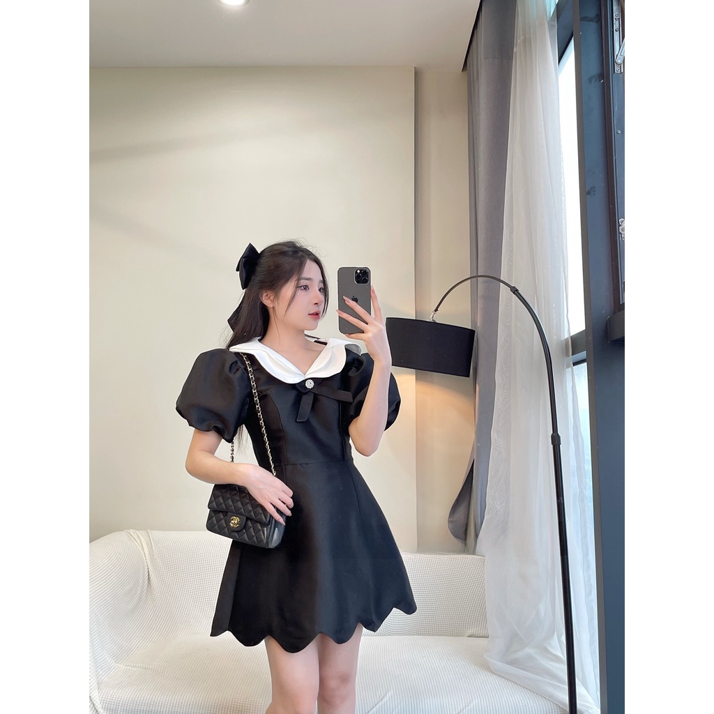 Váy tay bồng cổ sen bèo phối lượn sóng phong cách thanh lịch, tiểu thư váy đi chơi đi làm