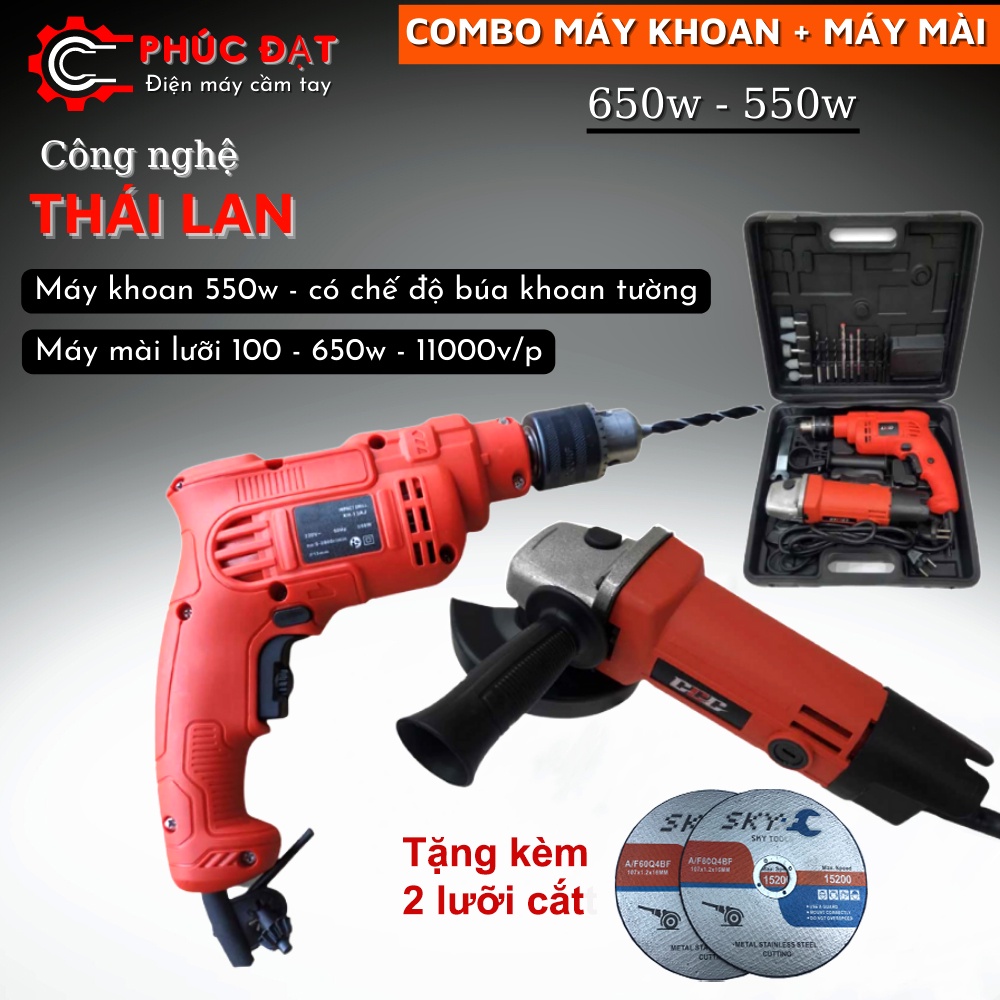 Bộ máy khoan 550w + máy cắt mài mini 650w, Máy khoan đầu 13 có chế độ đấm khoan tường sừ dụng gia đình. tặng 2 lưỡi 100