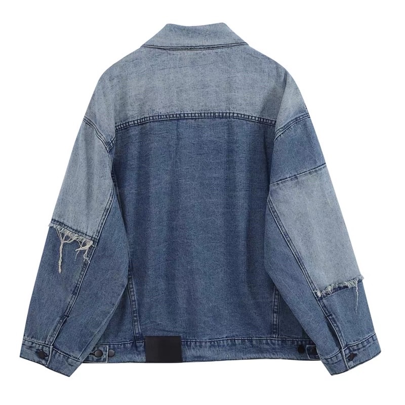Áo khoác denim phối màu tương phản dáng rộng thời trang xuân thu cho nam nữ