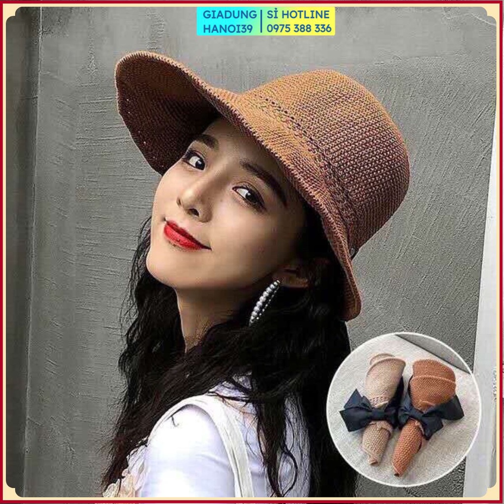 Mũ Cói, Nón Cói Đi Biển Chất Mềm Vành Rộng Thiết Kế Hở Chóp Gắn Nơ Sau Cực Cute Phong Cách Hàn Quốc Dành Cho Nữ
