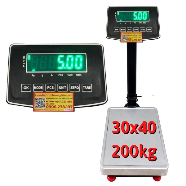 Cân điện tử 200kg 30x40 cm - Khung Sơn Tĩnh Điện Có Đèn Báo Pin