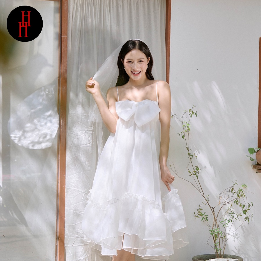 Váy HDT232 babydoll trắng hai dây nơ ngực siêu đáng yêu Hỉn Hỉn Store