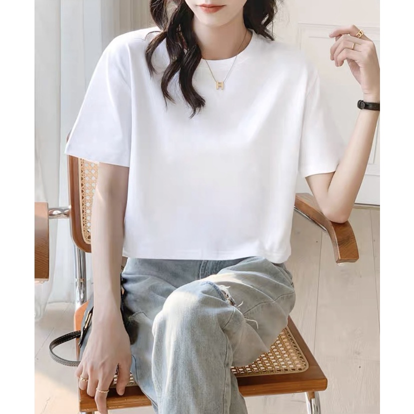 Áo thun croptop trơn dáng rộng, cơ bản tay ngắn cổ tròn 581 FIORI STORE