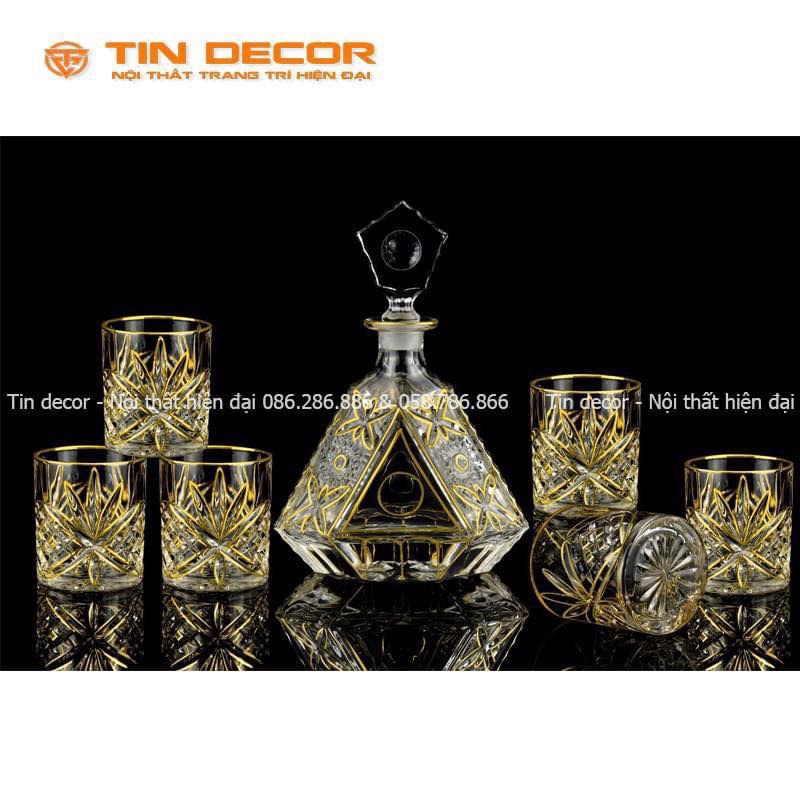 Bộ bình kèm 6 ly thuỷ tinh pha lê mạ vàng 24k cao cấp /Trang Trí Decor Sang Trọng