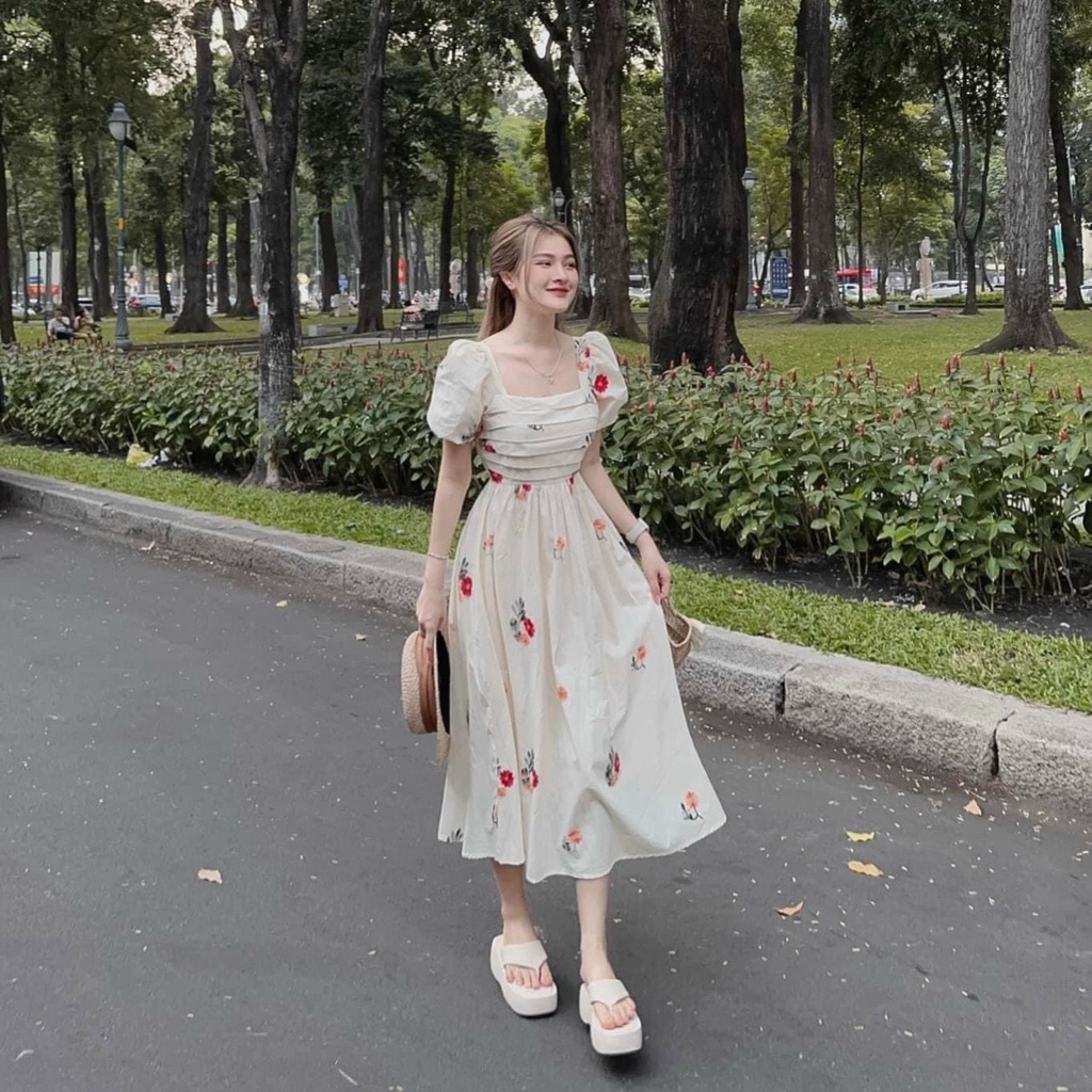 Váy maxi hoa hai dây cột nơ có mút ngực - Đầm Maxi Hoa Đi Biển Chất Lụa 2 lớp From Xoè Vintage Sang Chảnh Chất Chill