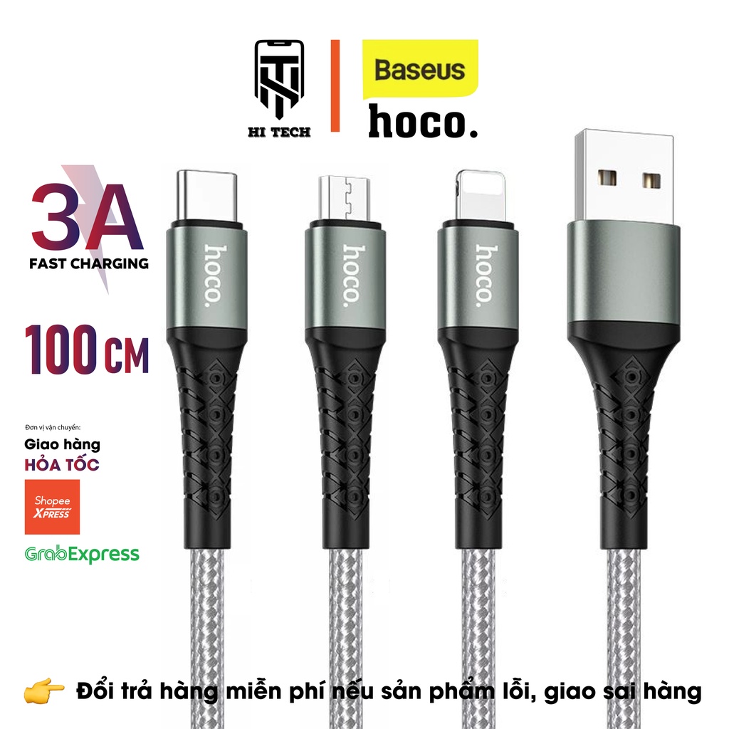 Dây sạc nhanh HOCO DU19, sạc nhanh 3A dành cho android, ios chuyển đổi từ USB sang micro-type-c-nightling, dây dài 1m.