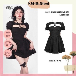 Đầm nữ váy đen ngắn thắt nơ hồng phong cách Nhật Bản