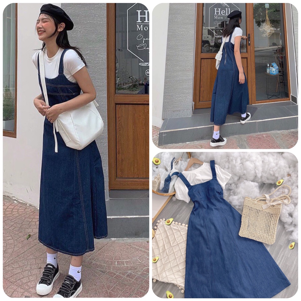 SET ĐẦM YẾM MIDI JEAN KÈM ÁO THUN TRẮNG