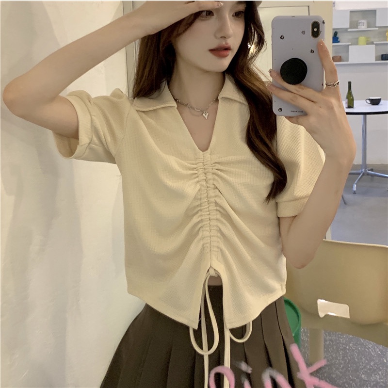 QADCOL  Áo Thun Tay Ngắn Cổ polo Màu Trắng Thời Trang Mùa Hè Cho Nữ