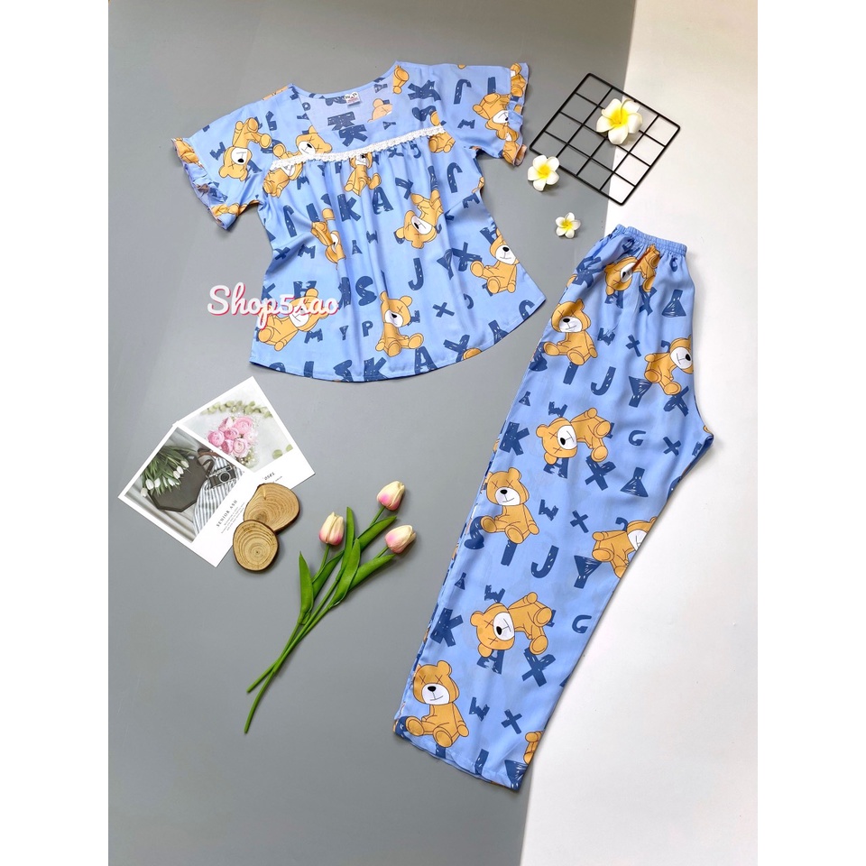 Bộ lanh mặc nhà, đồ bộ tole nữ SHOP5SAO tay ngắn phối ren, quần dài (48-75kg)
