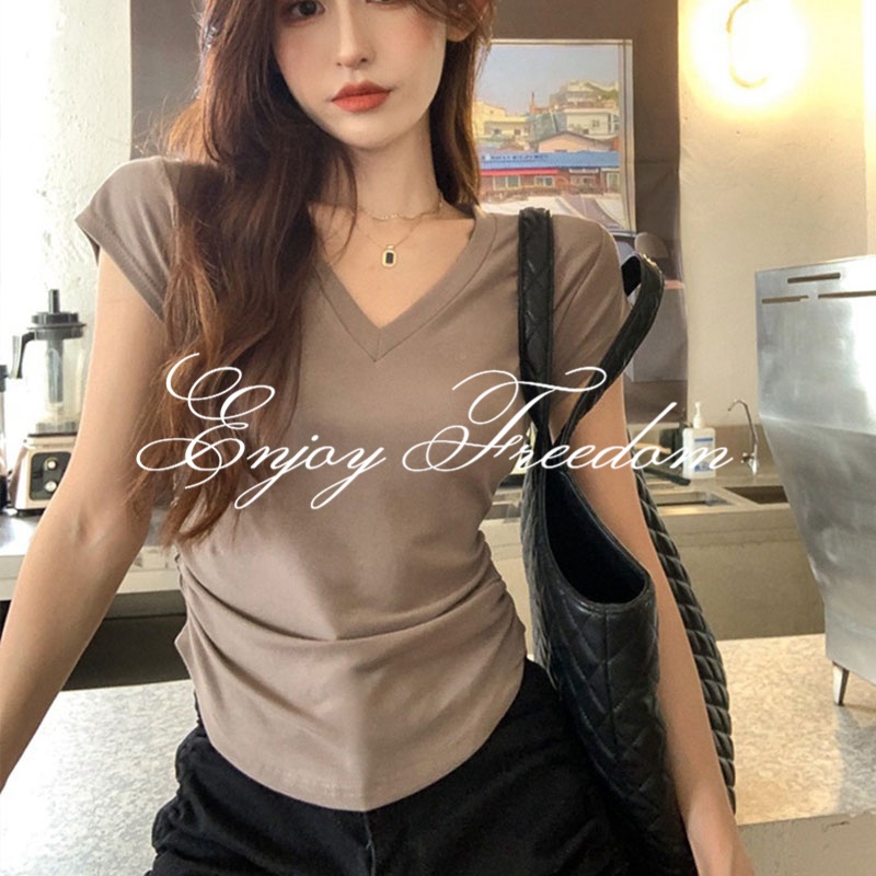 Áo Thun Cổ Chữ V Thiết Kế Đơn Giản Quyến Rũ Thời Trang Theo Phong Cách Hàn Quốc Cho Nữ