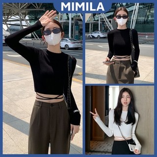 Áo Croptop Dài Tay MIMILA Thun Gân Thiết Kê Dây Chéo Eo 2 Màu Đen Trắng Basic Dễ Phối Đồ Dành Cho Nữ - MA095