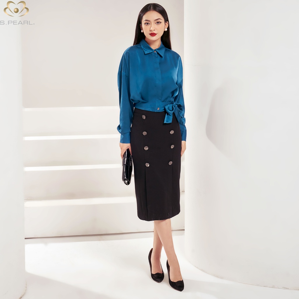 Áo sơ mi nữ Spearl thiết kế chất liệu lụa cao cấp thắt nơ eo sang trọng 22SF6816172
