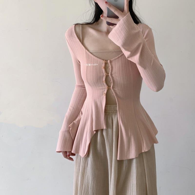 Áo Sơ Mi Tay Loe Ôm Eo Thiết Kế Bất Đối Xứng Viền Nhẹ Nhàng Phong Cách Hàn Quốc Cho Nữ