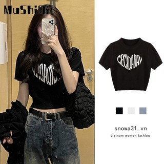 Mushiqi Áo Croptop Dệt Kim Ôm Dáng In Chữ Love Ngọt Ngào Mùa Hè Mát Mẻ