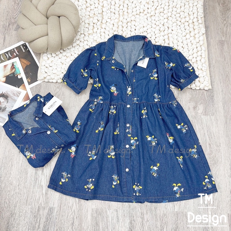 Đầm Jean Cổ Sơ Mi In Hình Vịt Donal, Váy Babydoll Chất Liệu Jean Bò Mềm - Huyền Shop