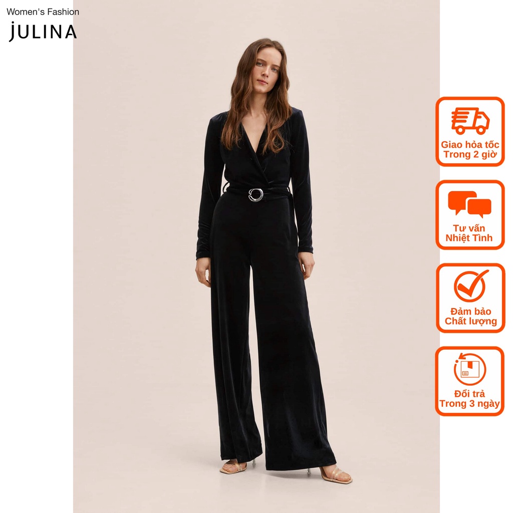 Jumpsuit áo liền quần nhung đen cổ chữ v dài tay có đai MNG jf800 - SIZE S