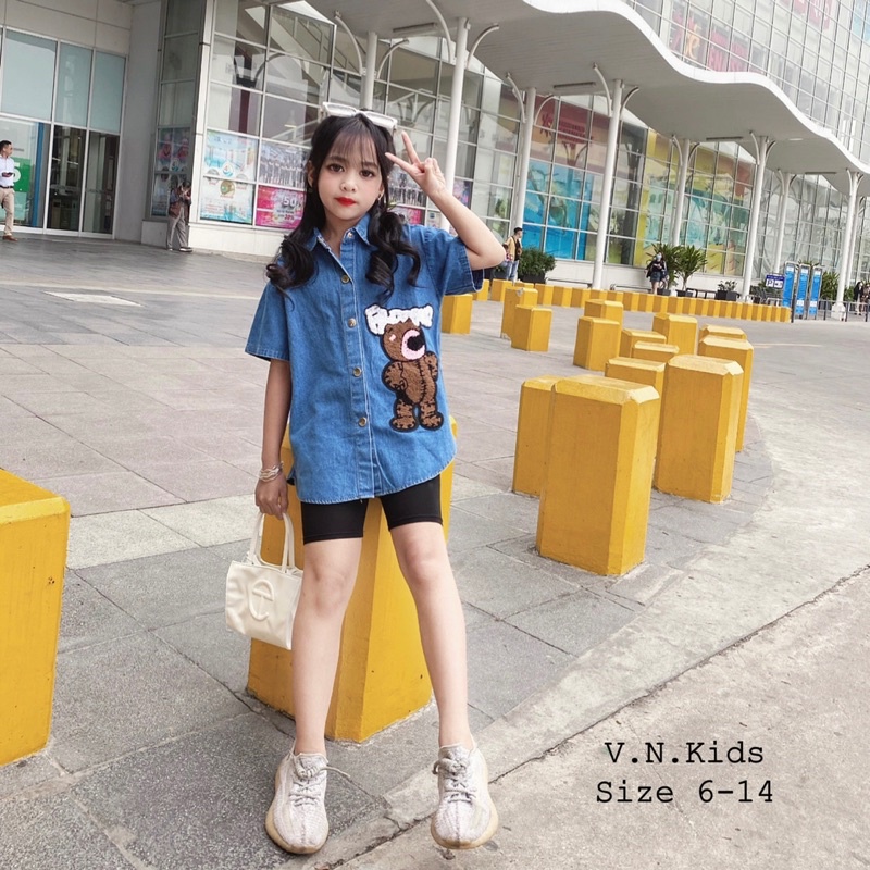 Áo sơmi Jean gấu ? quần legging đui cho Bé size đại 20kg - 45kg