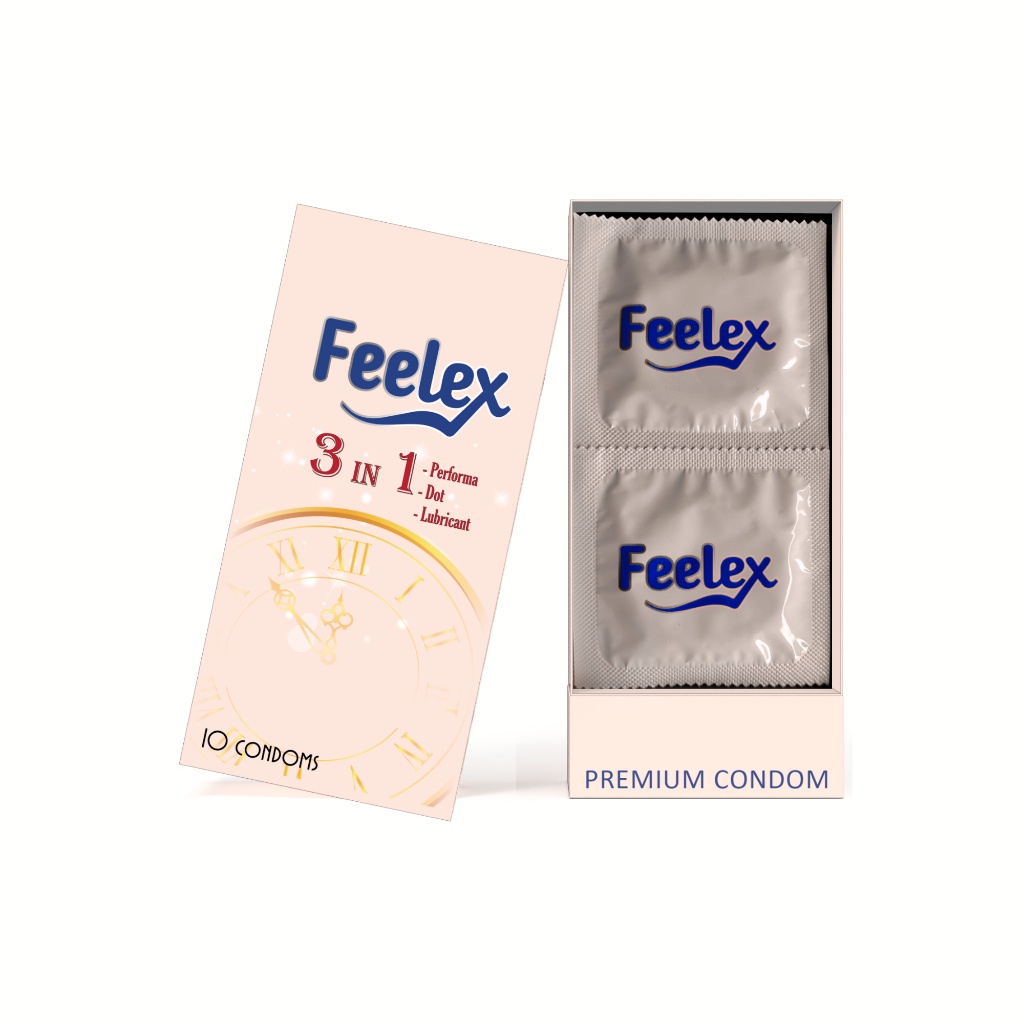 Bao cao su gai Feelex 3 in 1 gân gai, nhiều gel, kéo dài hương socola hộp 10c bcs