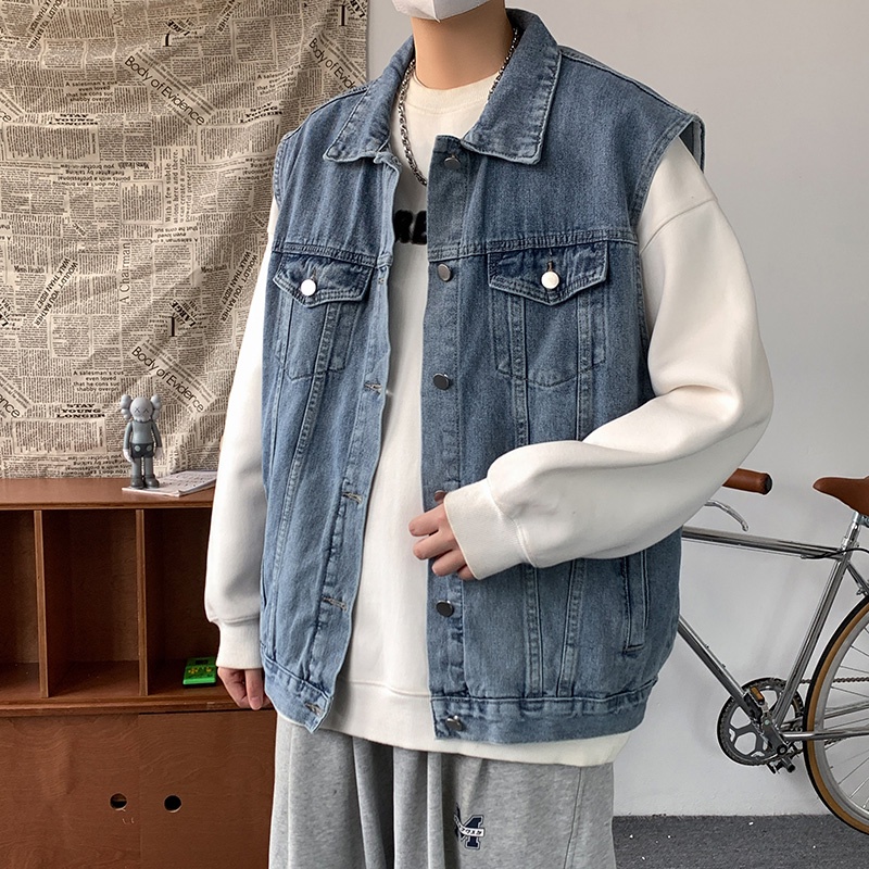 Áo khoác gile bò nam form vừa, áo gile jean nam cổ sơ mi túi ngực đường may chắc chắn phong cách hè thu đi chơi đi học