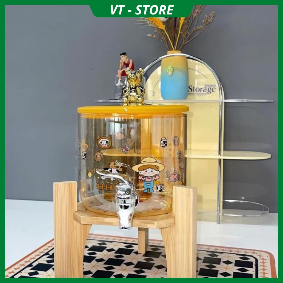 Bình nước bằng thuỷ tinh cao cấp hoạ tiết hoạt hình dễ thương, có nắp đậy, có vòi, kệ gỗ