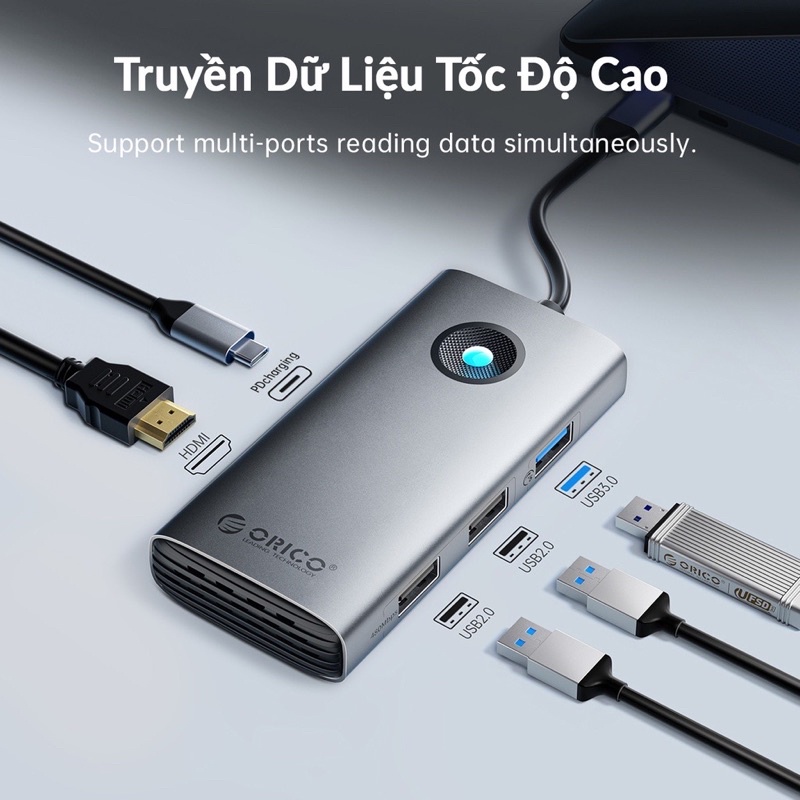 Bộ hub chuyển đổi Orico USB Type C sang 4K HDMI 5 trong 1 cổng sạc PD USB 3.0 LAN 1Gbps 2.5Gbps HDMI 60Hz tiện lợi