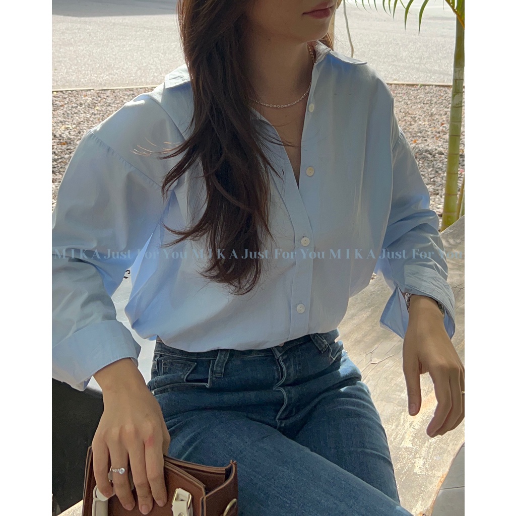 Áo Sơmi basic chất cotton thô tay dài freesize phong cách Hàn