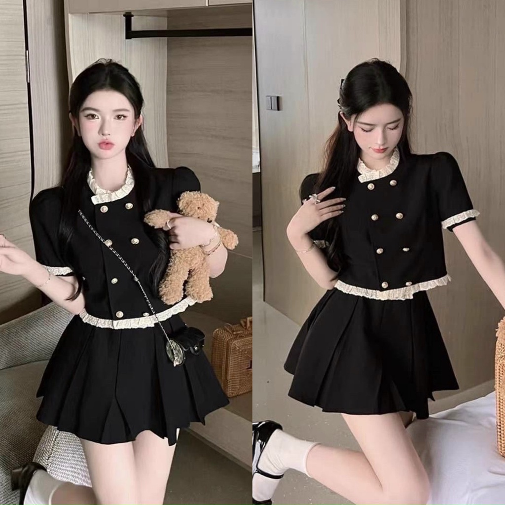 Set đầm váy nữ áo kiểu croptop phối viền bèo mix cùng chân váy xếp li tiểu thư xinh xắn dành cho các nàng đi chơi,hẹn ho