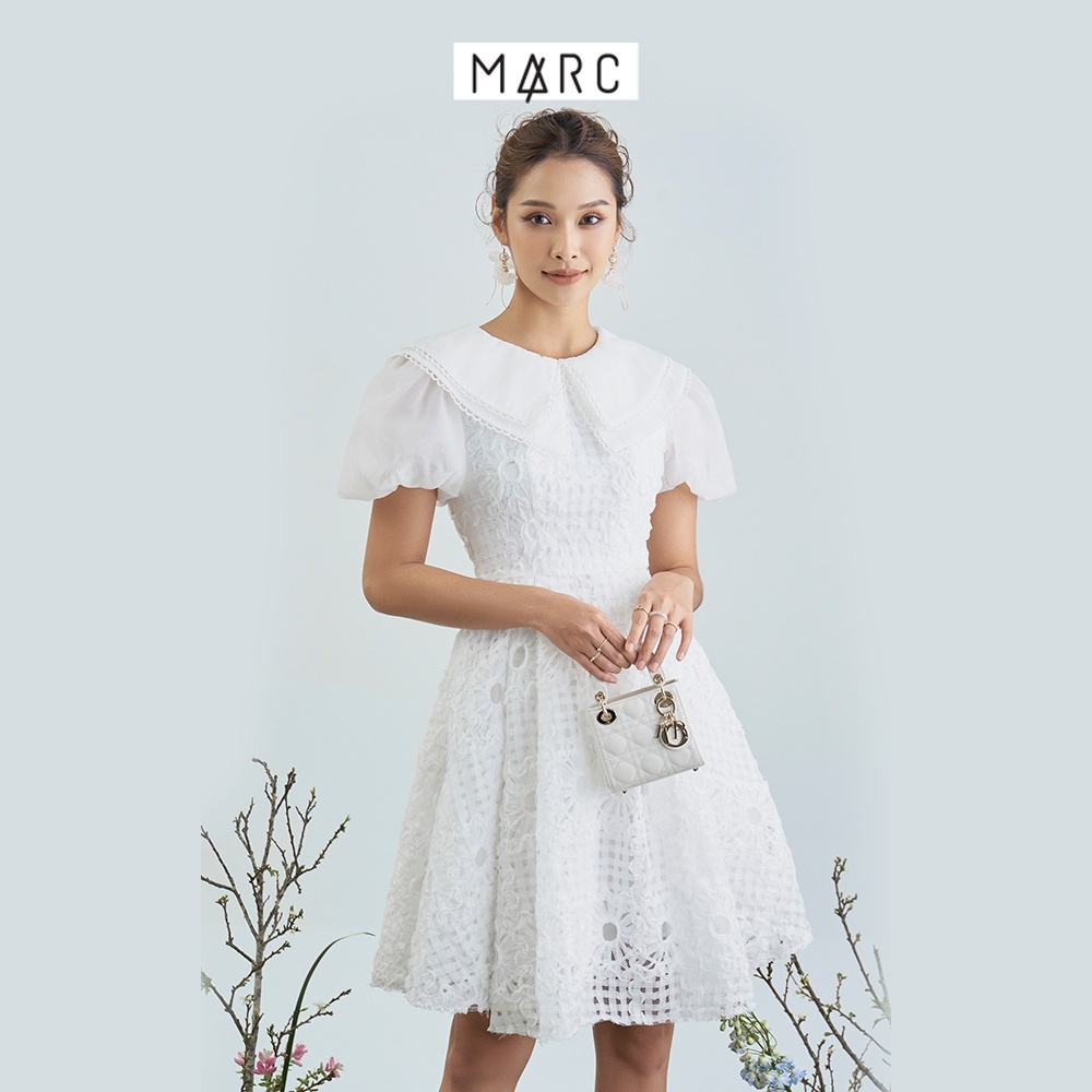 Đầm nữ MARC FASHION ren mini tay phồng phối lá cổ TRLH112422