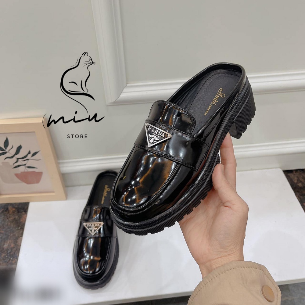 Sục pra.da da bóng gót vuông, sục mũi tròn gót cao, sục mũi tròn đai miu ngang