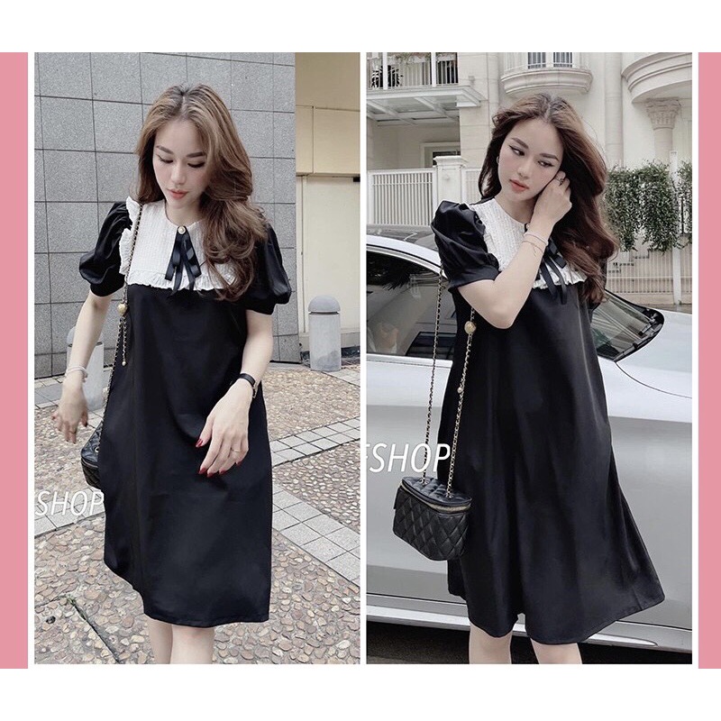 Đầm bầu công sở mùa hè phối nơ đen cổ ren trắng mặc đi làm, đi chơi